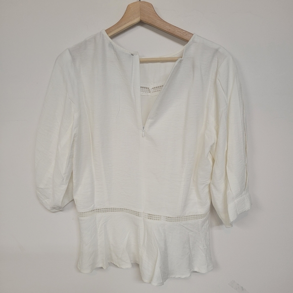 NWT Sugar + Lips Crochet Trim Puff sleeve white zip-up blouse top, size Large - Picture 6 of 11